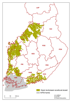 Kipsin levitykseen soveltuvat alueet (vihreä) ja Kipsi-hankkeen alkuperäinen toiminta-alue (harmaa).