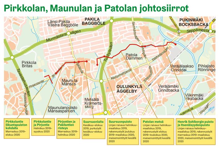 Karttakuva työalueesta ja aikataulusta. Kuva: Tovia Design. Pohjakartta: © Kaupunkimittaus, Helsinki 2019