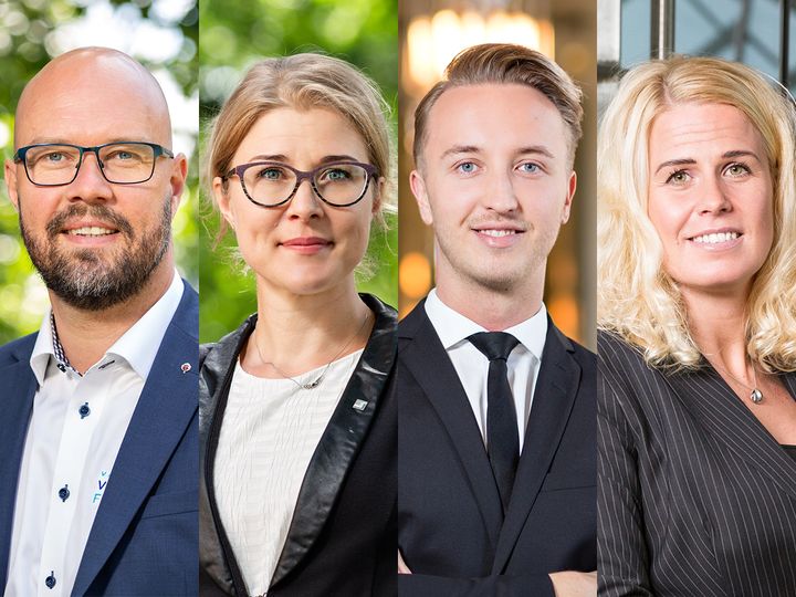 Riksdagsledamöterna Kim Berg, Niina Malm, Ilmari Nurminen och Katja Taimela är nöjda över att lagstiftningen om kommunala sysselsättningsförsök framskrider i riksdagen. Försöken inleds 1.3.2021 i 25 områden och 118 kommuner. (Fotograf: Jukka-Pekka Flander)
