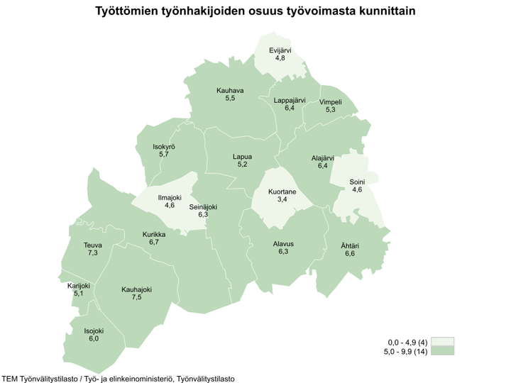 Maakunnan alhaisimmat työttömien työnhakijoiden osuudet olivat Kuortaneella (3,4 %), Ilmajoella (4,6 %) ja Soinissa (4,6 %).