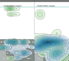 Visualisaatio siitä, minne käyttäjä katsoo ja koskettaa kirjoittaessaan lausetta. Vihreä kertoo silmien liikkeistä, sininen sormien. Mitä tummempi sävy, sitä pidempi tai toistuvampi liike kyseisellä alueella. Vasemmalla tekoälymallin simulaatio, oikealla havainnot todelliselta käyttäjältä.