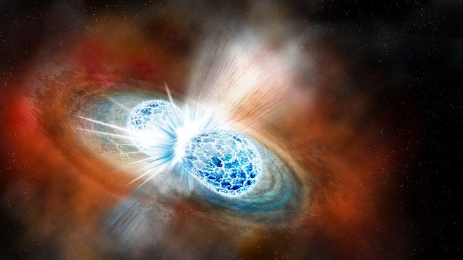 Kuvateksti: Taiteilijan näkemys kahden neutronitähden törmäyksestä.
Kuvan copyright: Robin Dienel, Carnegie Institution for Science