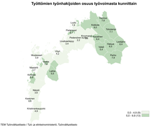 Työttömien työnhakijoiden osuus työvoimasta kunnittain.