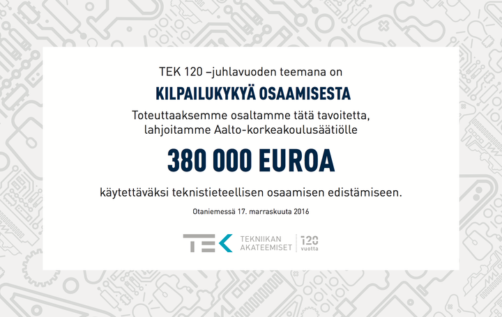 TEKin lahjashekki Aalto-yliopistolle