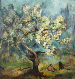 Eva Bremer: Flowering tree, undated, oil on masonite, 48,5 x 46 cm, Vaasa City Museums, The Ostrobothnian Museum Collections. Photo: The Ostrobothnian Museum's Photo Archive.