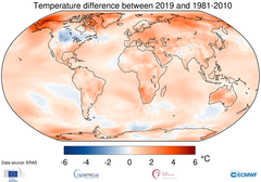 Ilman suhteellinen lämpötila kahden metrin korkeudessa vuonna 2019 verrattuna vuosien 1981-2010 keskiarvoon. Lähde: ERA5, ECMWF Copernicus Climate Change Service (C3S) -ilmastonmuutospalvelu