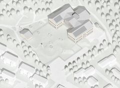 Käräjätuvantien rakennus on tontin koillisosassa ja piha-alue sijoittuu sen länsipuolelle. Viitesuunnitelman mukainen kuva. Arkkitehdit Rudanko + Kankkunen.