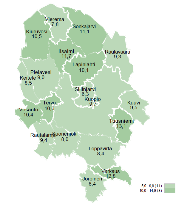 Työttömien työnhakijoiden osuus työvoimasta kunnittain Pohjois-Savossa.