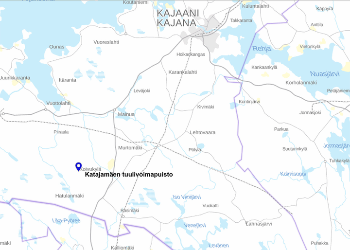 Katajamäen tuulipuisto rajautuu Kajaanin ja Sonkajärven väliseen rajaan. (www.paikkatietoikkuna.fi)