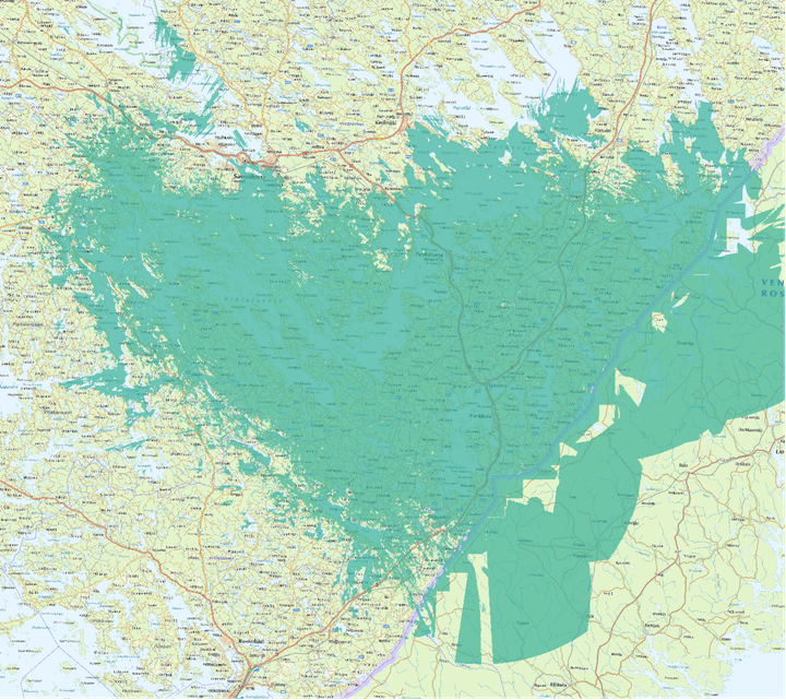 Kuvassa vihreällä merkitty uusi verkkoalue otetaan ensin käyttöön aiempaa parempana 4G-verkkona, ja 5G-verkko aktivoidaan noin kahden viikon sisällä rakennustöiden päättymisen jälkeen.