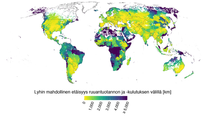 Tutkijat mallinsivat minimimatkaa, jonka säteeltä saatavilla viljelykasveilla ihmiset eri puolilla maailmaa pystyisivät tyydyttämään ravinnontarpeensa. Kuva: Aalto-yliopisto