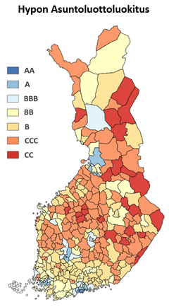 AA-luokan Helsingin rinnalla A-tasolle yltävät Espoo, Kaarina, Lempäälä, Liminka, Naantali, Oulu, Pirkkala, Sipoo, Tampere, Turku ja Vantaa. Yksikään kunta ei yllä AAA-luokan tasolle, mutta ei myöskään jää C- tai D-luokkaan.