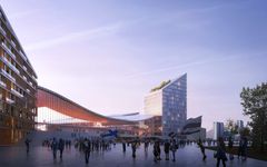 Näkymä suunnitellulle jalkapallostadionille ja sen edustalla olevalle aukiolle etelästä. Oikealla taustalla Espoon Metro Areena, joka yhdistyy aukioiden sarjan kautta samaan kokonaisuuteen. Näkymäkuva: Arkkitehtitoimisto HKP.