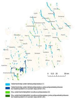 Kartta Etelä-Pohjanmaan, Keski-Pohjanmaan ja Pohjanmaan maakunnissa sijaitsevista pohjavesialueista. Pistemäiset pohjavesialueet (esim. vedenottomäärältään suuret porakaivot) eivät ole kartassa.