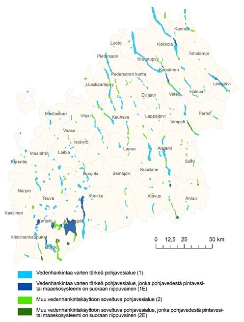Kartta Etelä-Pohjanmaan, Keski-Pohjanmaan ja Pohjanmaan maakunnissa sijaitsevista pohjavesialueista. Pistemäiset pohjavesialueet (esim. vedenottomäärältään suuret porakaivot) eivät ole kartassa.