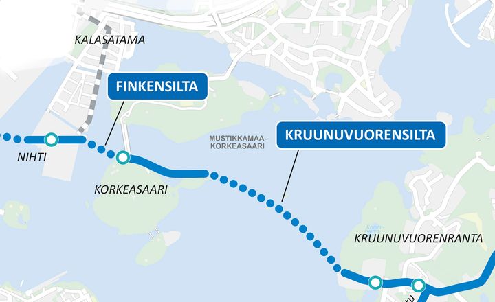 Kalasataman eteläkärjen eli Nihdin ja Kruunuvuorenrannan välisten kahden sillan, eli Finkensillan ja Kruunuvuorensillan, rakentaminen alkaa. NIhdin ja Hakaniemen välinen Merihaansilta rakennetaan myöhemmin.