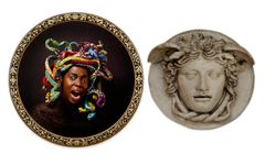 Inspiration – samtidskonst & klassiker. Till vänster: Yinka Shonibare CBE:
Medusa West (2015).
James Cohan Gallery, New York. Bild : © Yinka Shonibare CBE. Courtesy James Cohan, New York. | Till höger: Medusa Rondanini, Helsingfors universitet. Bild: Timo Huvilinna, Helsingfors universitetsmuseum.