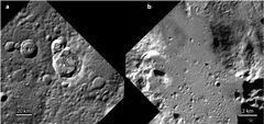 Kuva 4. Nimeämätön ~35 km nuori kraatteri Merkuriuksessa, 64,5° N 104,6° W. (a) Osa MDIS WAC -kuvaa CW0211894822G. Paikallinen tasavälinen lieriöprojektio. (b) Osa MDIS NAC -mosaiikkikuvaa N01_005261_1615539 kohdassa (a) rajatusta alueesta. Kuvassa näkyvät terävät halkeamat törmäyssulassa kraatterin pohjalla. Paikallinen ortografinen projektio.