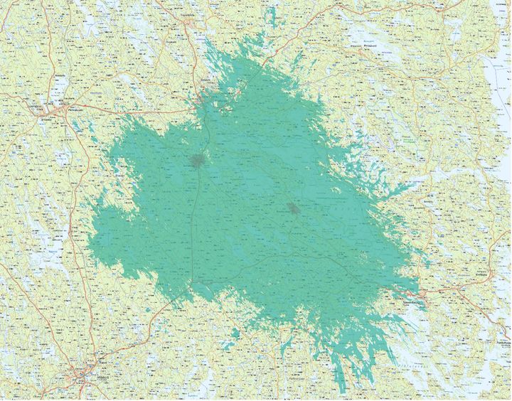 Kuvassa vaaleampi vihreä väri kuvaa normaalia 4G-/5G-peruspeittoa, ja tummempi vihreä erityisen nopeaa, 3.5 GHz -taajuudella toimivaa 5G-verkkoa.