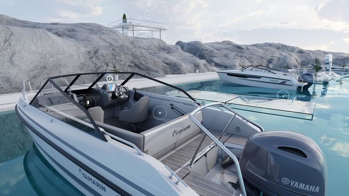 Customers can move about the virtual piers by clicking with their mouse or tapping on the touchscreen. The boats can be viewed in 360 degrees by rotating in all directions, both inside and out. Pictured is the new Yamarin 59 BR.