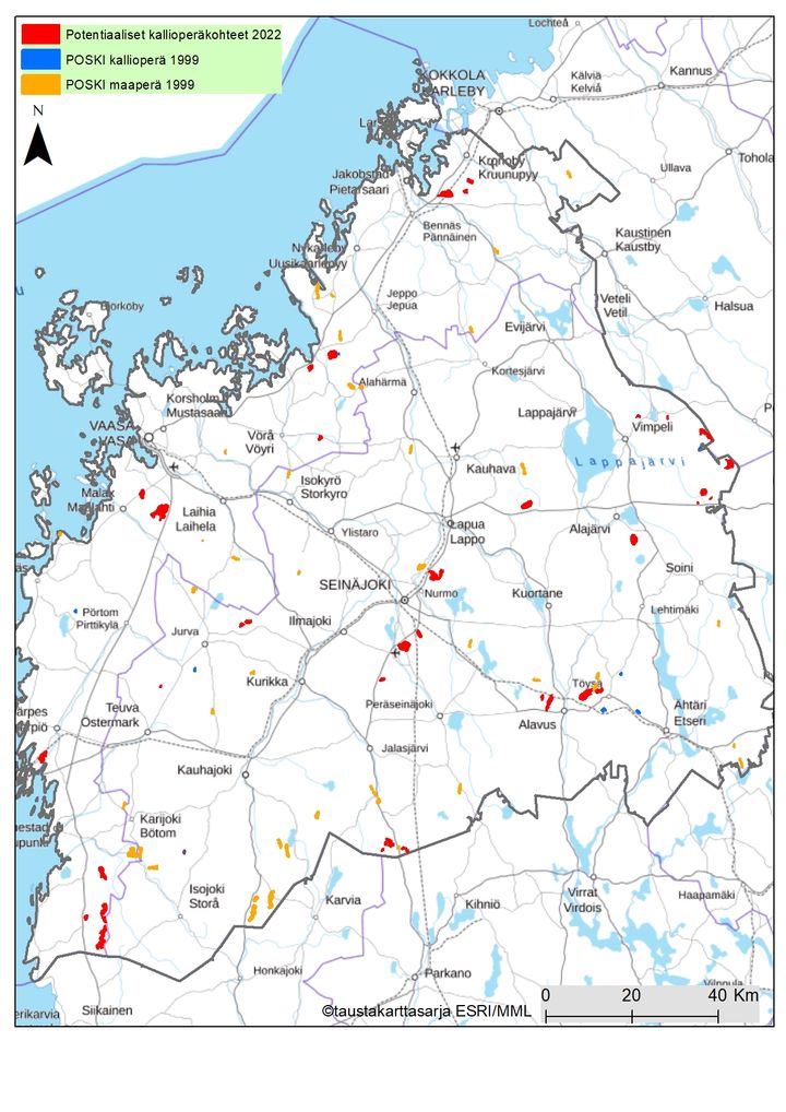 Karta: De områden som preliminärt valts för inventering i uppdateringen av POSKI-projektet i Södra Österbotten och Österbotten år 2022. Beteckningarna POSKI kallioperä 1999 (berggrund) och POSKI maaperä 1999 (jordmån) hänvisar till de områden som anvisats i föregående POSKI-projekt där natur- och landskapsvärdena granskas. Beteckningen potentiaaliset kallioperäkohteet 2022 (potentiella berggrundsobjekt) är nya preliminära avgränsningar, som kan ha betydelse för stenmaterialförsörjningen i landskapen i framtiden. OBS: områdesbeteckningarna på kartan är grovt markerade och motsvarar inte den verkliga arealen. Områdena som inventeras kommer att preciseras och minska i storlek från det som presenteras på kartan innan fältarbetet inleds.