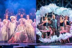 Riikka Riikonen työskentelee Tampereen Teatterin Anastasia-musikaalissa vierailevana näyttelijänä (vasemmanpuoleinen kuva, takarivissä toinen vasemmalta). Hely Nylund suorittaa harjoitteluaan Lahden kaupunginteatterissa Something Rotten! Jotain mätää! -musikaalissa (oikeanpuoleinen kuva, ensimmäinen vasemmalta).