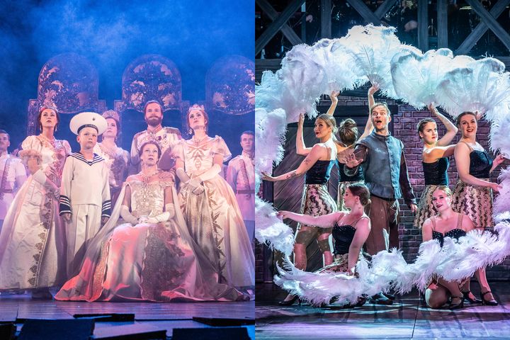 Riikka Riikonen työskentelee Tampereen Teatterin Anastasia-musikaalissa vierailevana näyttelijänä (vasemmanpuoleinen kuva, takarivissä toinen vasemmalta). Hely Nylund suorittaa harjoitteluaan Lahden kaupunginteatterissa Something Rotten! Jotain mätää! -musikaalissa (oikeanpuoleinen kuva, ensimmäinen vasemmalta).
