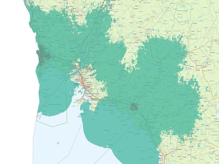 Kuvassa vaaleampi vihreä väri kuvaa normaalia 4G-/5G-peruspeittoa, ja tummempi vihreä erityisen nopeaa, 3,5 GHz:n taajuudella toimivaa 5G-verkkoa.