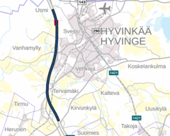 Rv 3 Tienhaara - Hyvinge-objektet på kartan, ifrågavarande sträcka stängs för trafik norrut så länge arbetet pågår.