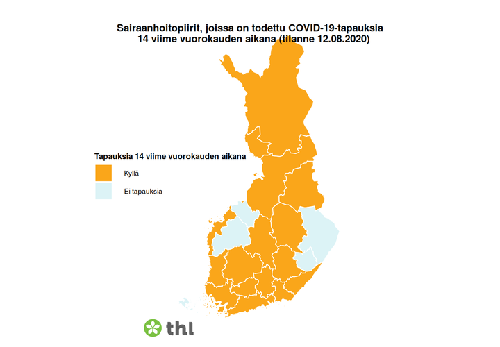 Maskisuositus koskee oranssilla merkittyjä sairaanhoitopiirejä (tilanne 12.8.2020). Niissä on todettu koronatartuntoja viimeisen kahden viikon aikana.