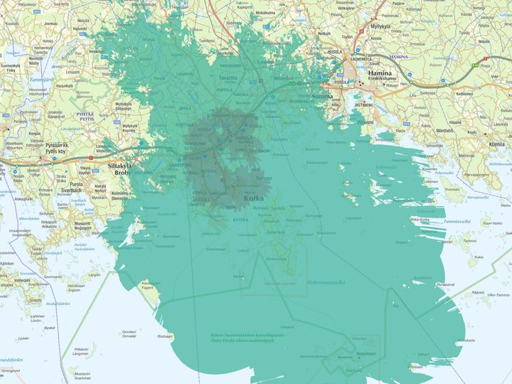 Kuvassa vaaleampi vihreä väri kuvaa normaalia 4G-/5G-peruspeittoa, ja tummempi vihreä erityisen nopeaa, 3,5 GHz:n taajuudella toimivaa 5G-verkkoa.