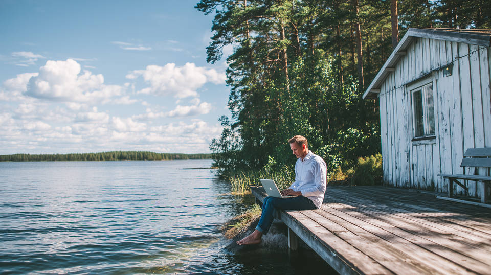 Mies laiturilla etätöissä. 