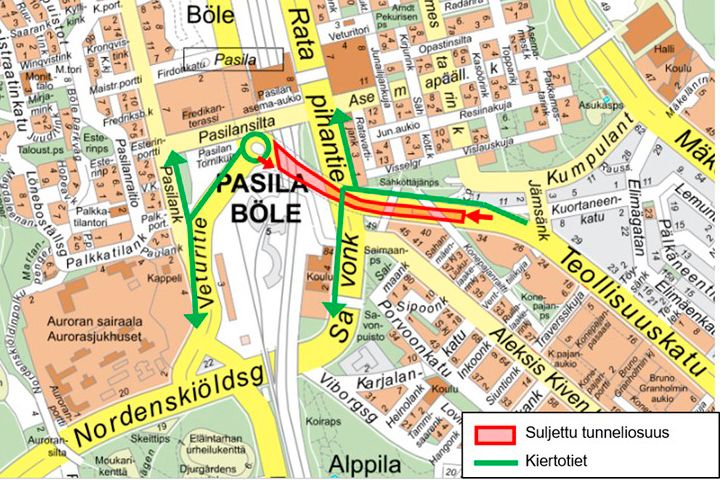 Teollisuuskadun tunneli on suljettu 13.5.2021 kello 10.30 – 14.5.2021 kello 01.00 ja 15.5. kello 08.00–22.00.