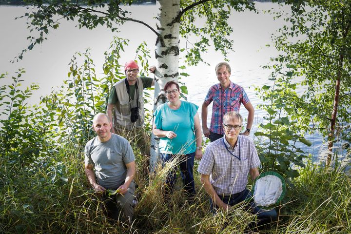 Luontoillan asiantuntijoille voi lähettää kysymyksiä etukäteen, mukana ovat Heikki Helle (takana vas.), Antti Eloranta, PAnu Halme (edessä vas.), Elisa Vallius ja Jari Haimi. Kuva: Jyväskylän yliopisto