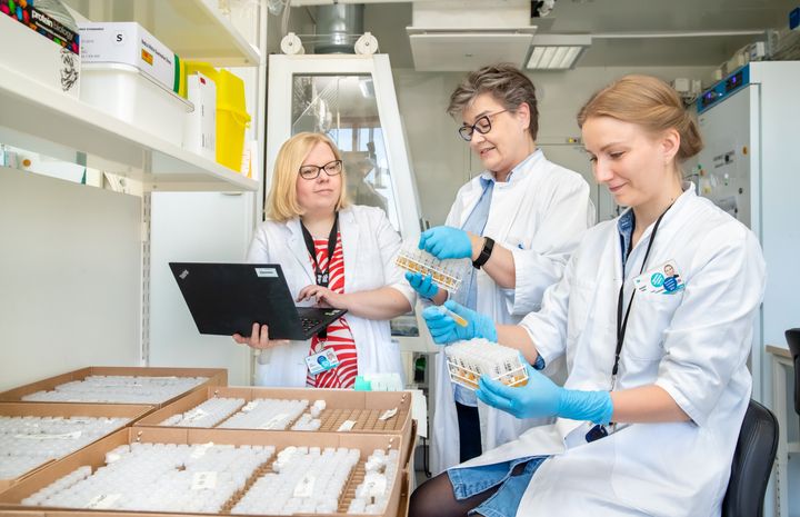 Satu Kurkela, avdelningsöverläkare, Hanna Jarva, avdelningsöverläkare, och Maarit Ahava, läkare under specialistutbildning, förbereder sig för att göra ett slumpmässigt urval av serumprov som ska undersökas. Bild: Mikko Hinkkanen, HUS