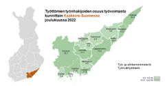 Työttömien työnhakijoiden osuus työvoimasta Kaakkois-Suomessa joulukuussa 2022 oli 11,5 %. Korkein työttömyysaste oli Imatralla (14,1 %) ja matalin Lemillä (7,8 %).