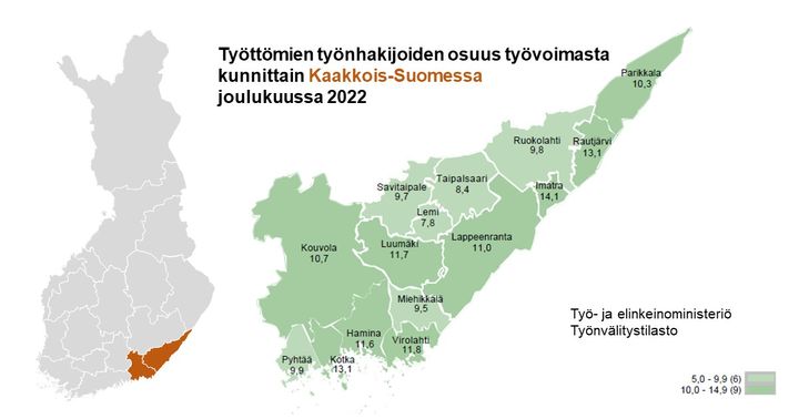 Työttömien työnhakijoiden osuus työvoimasta Kaakkois-Suomessa joulukuussa 2022 oli 11,5 %. Korkein työttömyysaste oli Imatralla (14,1 %) ja matalin Lemillä (7,8 %).