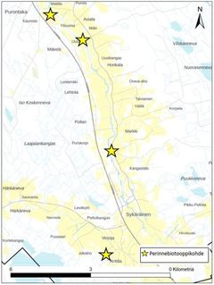 Karttakuva Toholammin perinnebiotooppikohteista.