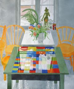 Marjatta Hanhijoki: Ruutupöytä | Rutbord, 2009, akvarelli | akvarell, 137 x 118 cm. Yksityiskokoelma | privatsamling