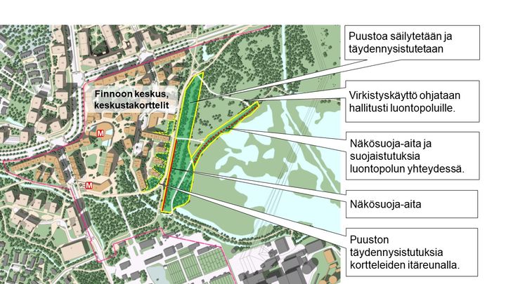 Kuva Finnoon keskuksen suunnittelualueelta, linnustoaltaan ympäristöstä. Kuva: Espoon kaupunki