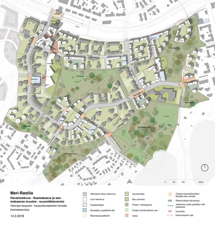 Havainnekuva Meri-Rastilan asemakaavan 14.3.2018 suunnitteluversiosta. Kuva: Helsingin kaupunkiympäristön toimiala