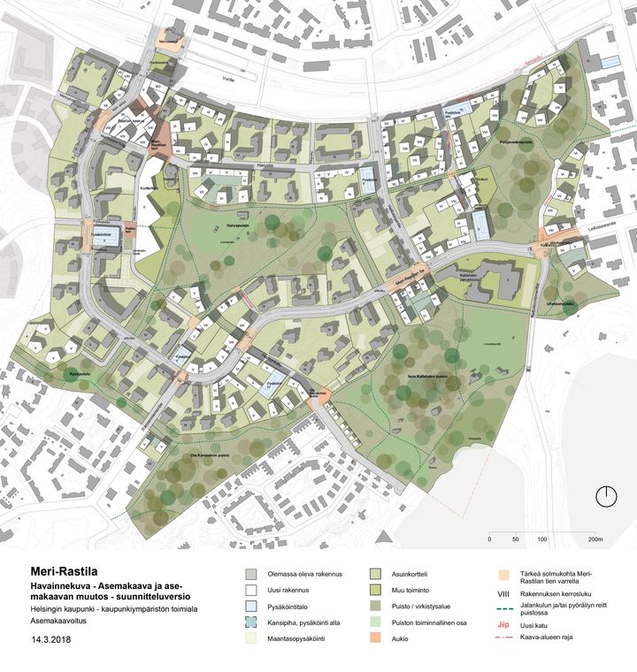 Havainnekuva Meri-Rastilan asemakaavan 14.3.2018 suunnitteluversiosta. Kuva: Helsingin kaupunkiympäristön toimiala