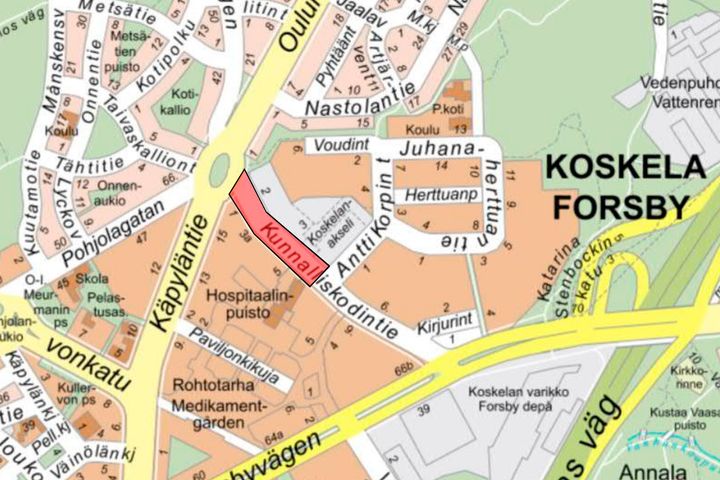 Kunnalliskodintie suljetaan ajoneuvoliikenteeltä 7.–20.6.2021 välillä Antti Korpin tie–Käpyläntie.