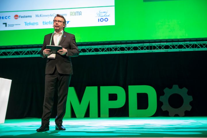 Teollisuustapahtuma MPD on tänä vuonna isompi kuin koskaan aikaisemmin. Kuvassa Tomas Hedenborg, Euroopan valmistavan teollisuuden kattojärjestön Orgalimin presidentti ja MPD-järjestelytoimikunnan puheenjohtaja, edellisessä MPD:ssä vuodelta 2017. Kuva: DIMECC Oy