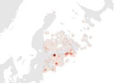 Kartta 1. Yleisempien esikristillisten itämerensuomalaisten henkilönnimien levinneisyys keskiajan asiakirjojen perusteella. Kartta: Jaakko Raunamaa. Karttapohja: Stamen Toner Background.