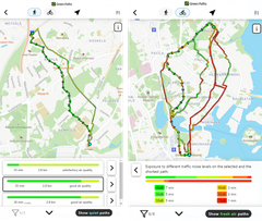 Esimerkkejä Green Paths-reittioppaan suosittelemista reiteistä. Kuvakaappaus sovelluksesta.