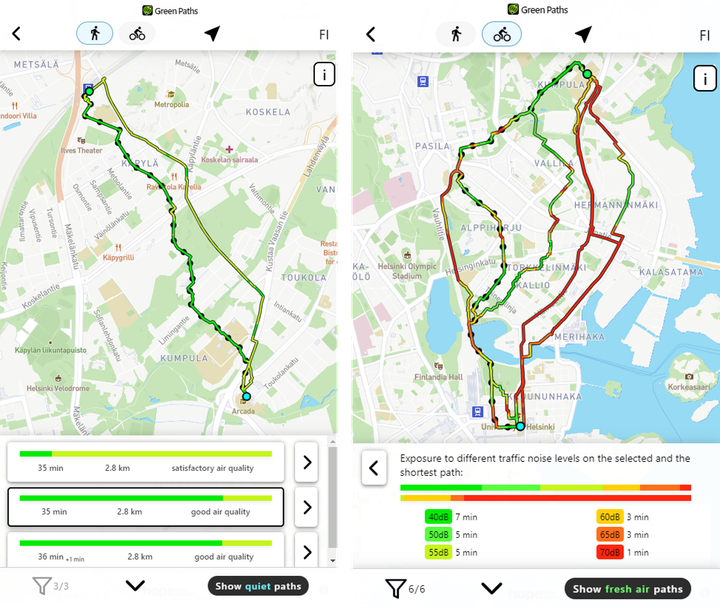 Esimerkkejä Green Paths-reittioppaan suosittelemista reiteistä. Kuvakaappaus sovelluksesta.