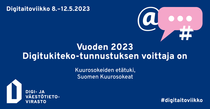Vuoden Digitukiteko-tunnustus 2023 Suomen kuurosokeiden etätukipalvelulle