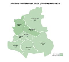 Työttömien työnhakijoiden osuus työvoimasta kunnittain Kainuussa kesäkuussa 2023.