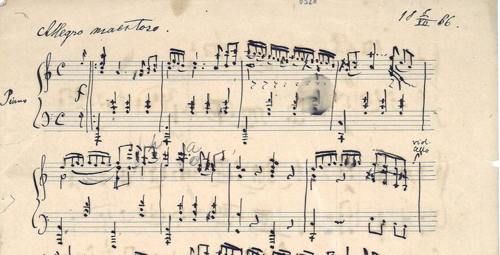 Sibelius sävelsi Havträsk-trion viettäessään kesää saaristossa. Käsikirjoitus on päivätty 8.7.1886.
Kuva: Petri Tuovinen Sibeliuksen sävellyskäsikirjoitus/ Kansalliskirjaston kokoelmat.